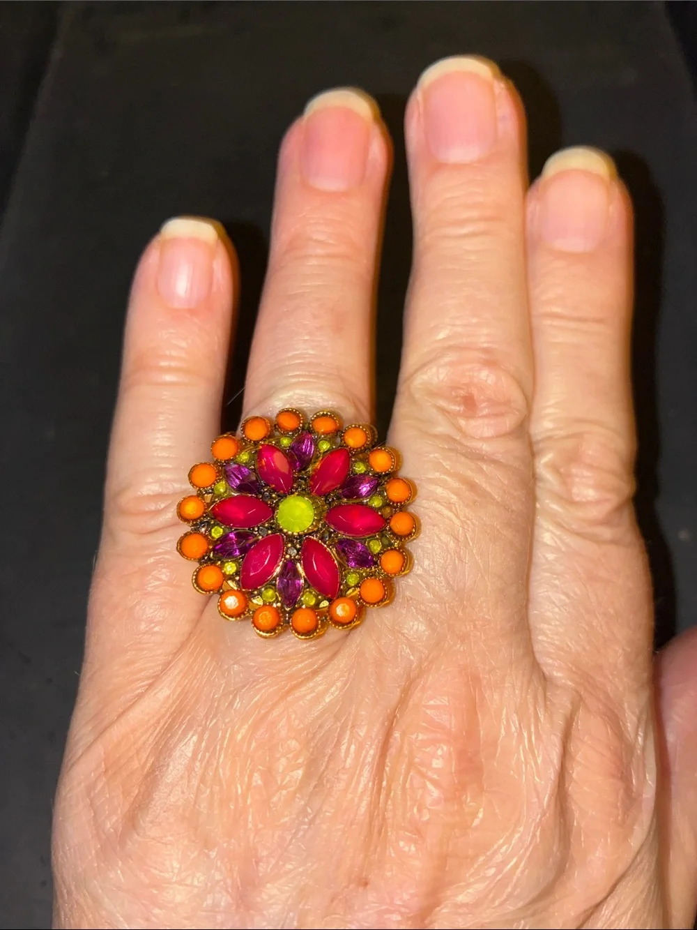 Colorful Floral Statement Stretch Ring in Orange, Pink & Lime by